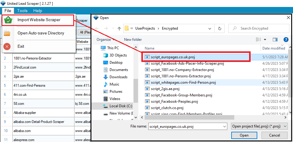 How to import the project script in the United Lead Scraper?